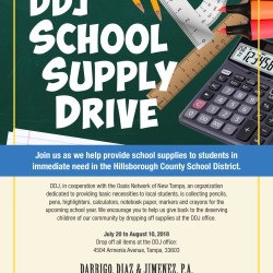 The law office of Darrigo, Diaz & Jimenez launched a Back to School Supply Drive to collect much needed school supplies for needy families within the Tampa community.